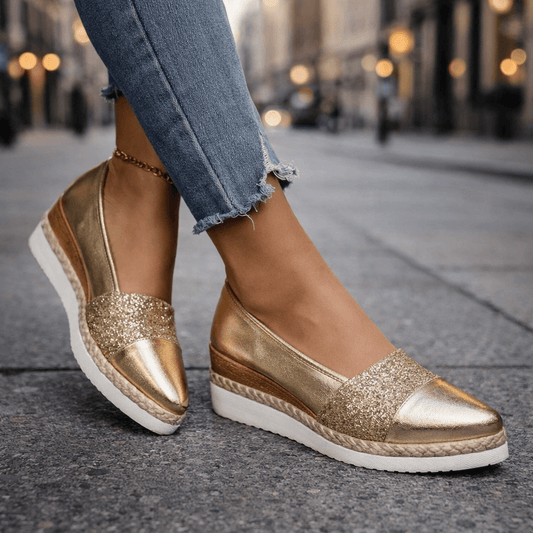 Women’s Glitter Wedge Loafers with Slip On Design and Cushioned Sole