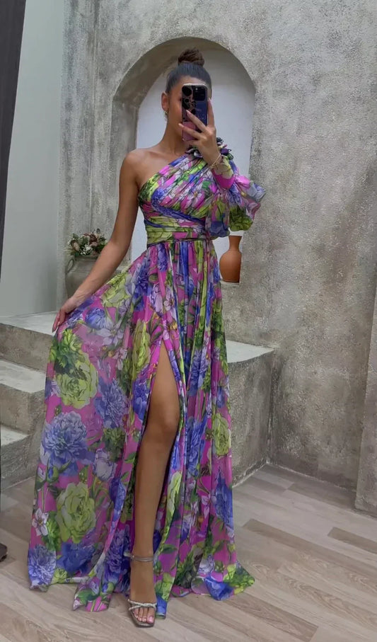 Women’s Floral V Neck High Slit Elegant Maxi Dress