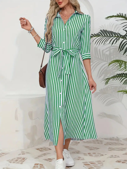Women’s Striped Belted Button Down Elegant Shirt Midi Dress