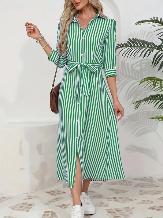 Women’s Striped Belted Button Down Elegant Shirt Midi Dress