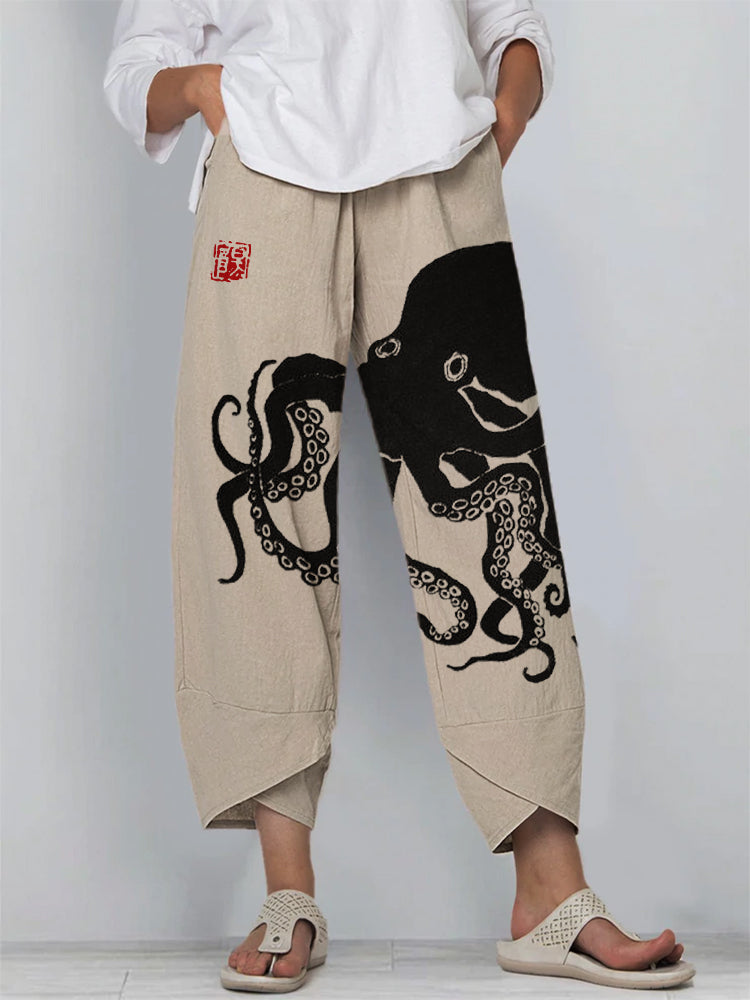 Women's Octopus Ink Print Wide Leg Pants – Relaxed Fit Lightweight Casual Trousers