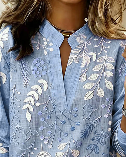 Women's Floral Embroidered V-Neck Blouse with Long Sleeves