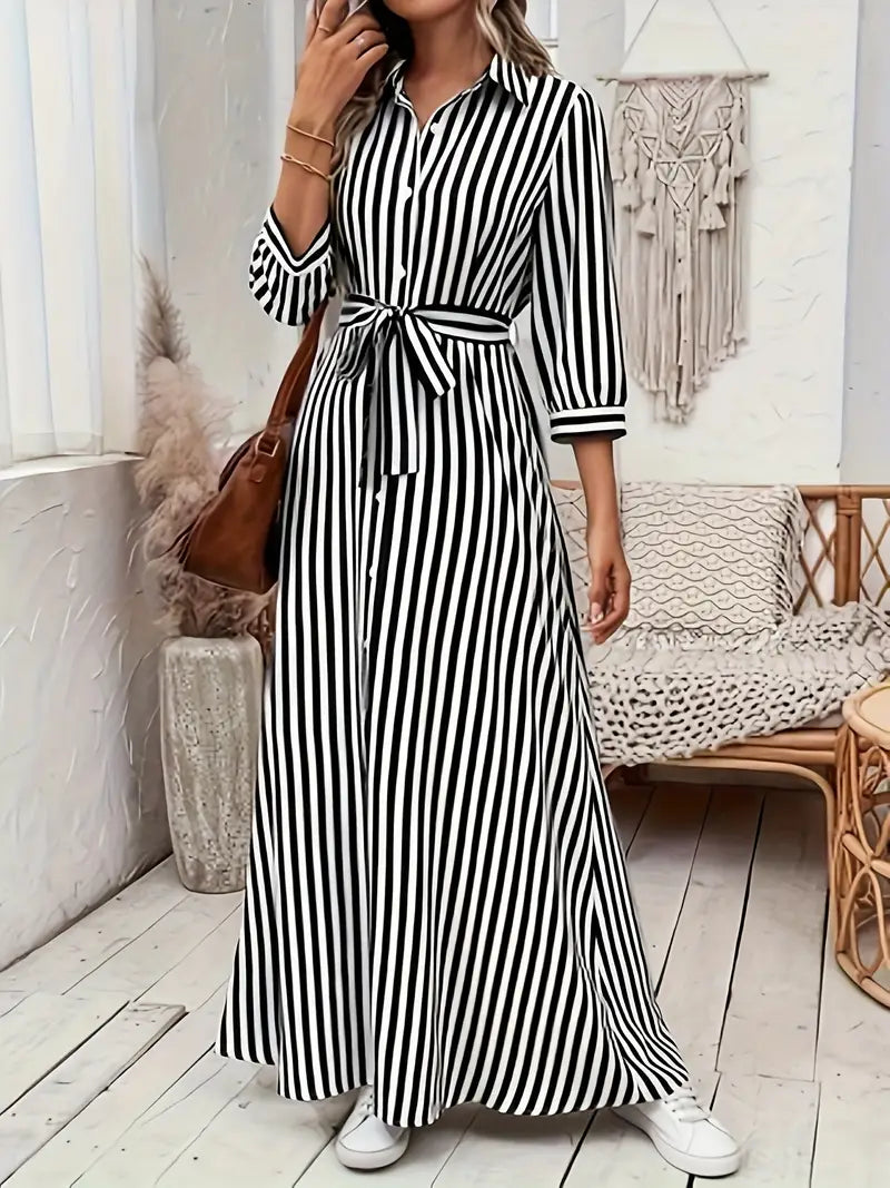 Women’s Striped Belted Button Down Elegant Shirt Midi Dress