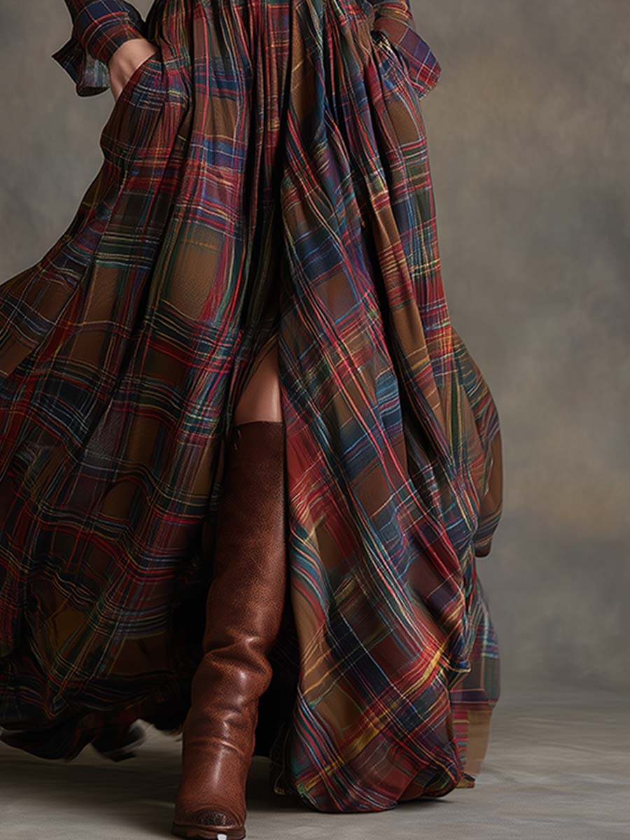 Women’s Plaid Maxi Dress with Button Front and Belted Waist
