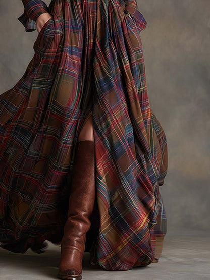 Women’s Plaid Maxi Dress with Button Front and Belted Waist
