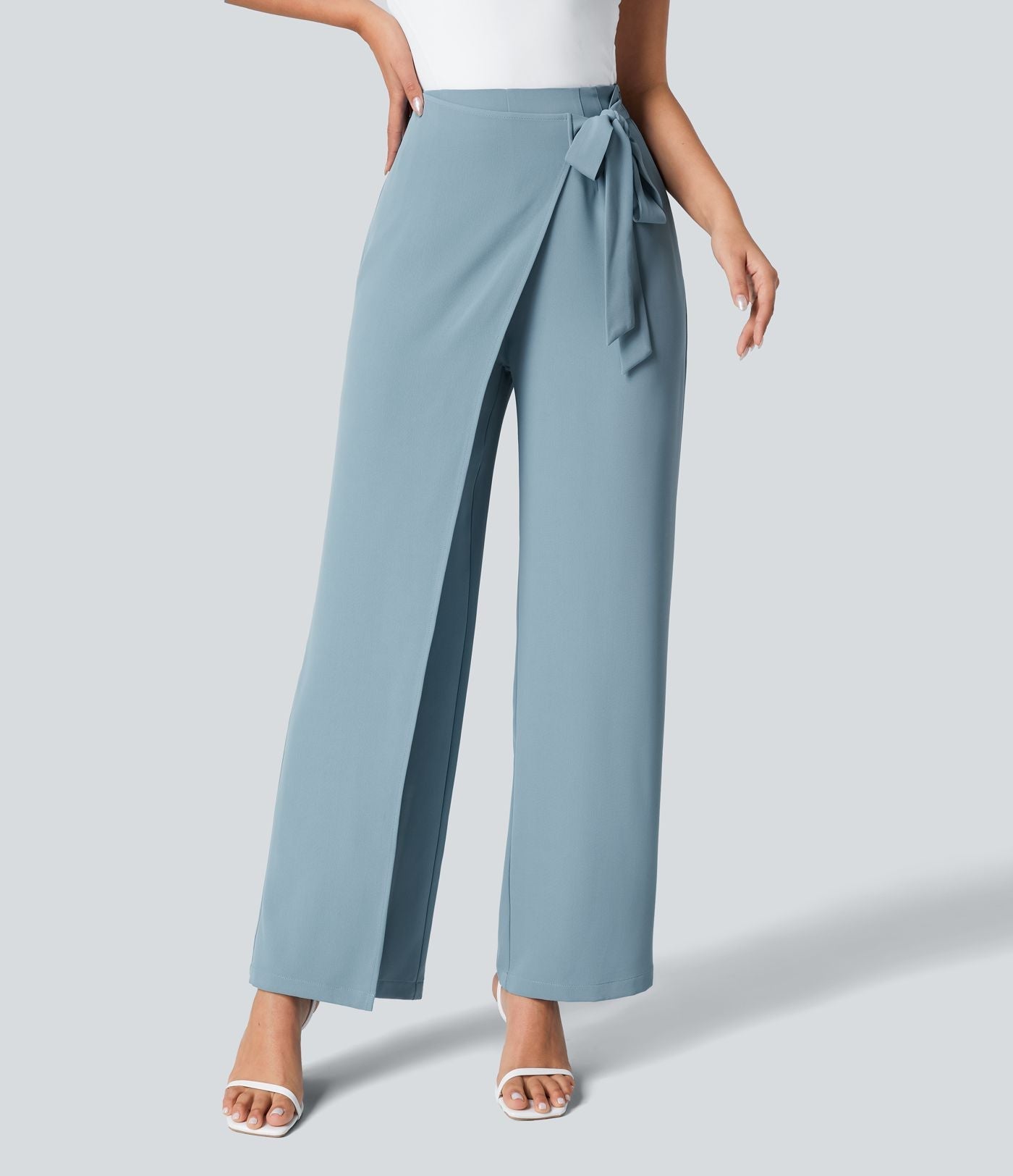 Women’s High Waist Wrap Pants with Wide Leg and Side Slit