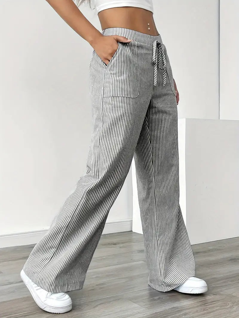Women’s Wide Leg Striped Pants with Elastic Waist and Drawstring