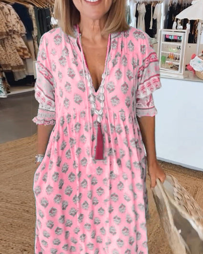 Women's Printed V-Neck Midi Dress with Relaxed Fit