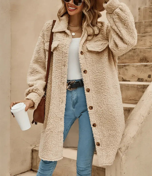 Gemütlicher Sherpa Mantel Mit Knöpfen Für Damen