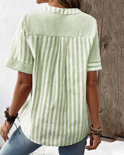 Women's Striped Button V-Neck Blouse Relaxed Fit Lightweight Casual Summer Top