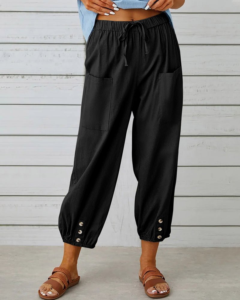 Women’s High Waist Drawstring Pants with Pockets and Button Hem