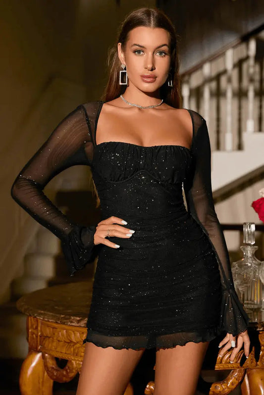 Glitzerkleid Mit Mesh-Ärmeln Für Damen