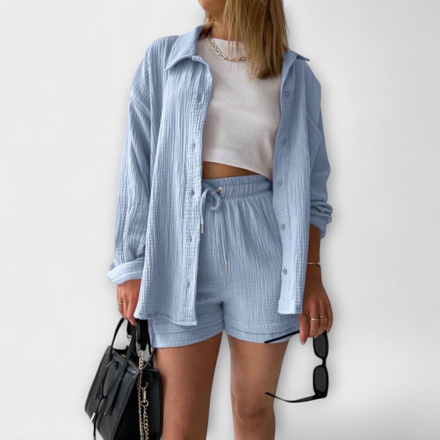 Women's Casual Two Piece Summer Set Shirt and Shorts Relaxed Fit Outfit