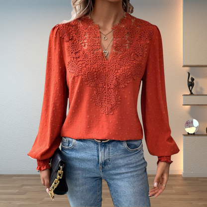 Women's Elegant Lace V-Neck Blouse Slim Fit Long Sleeve Casual Chic Top