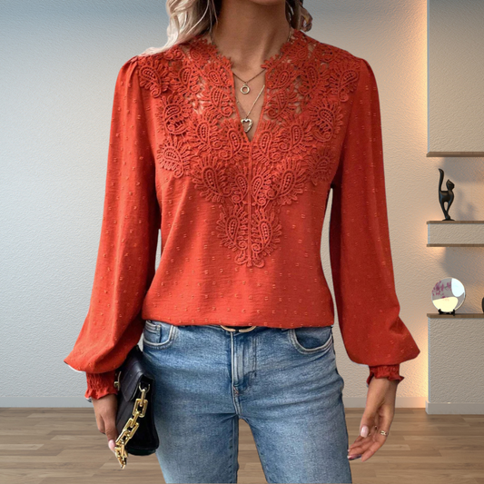 Women's Elegant Lace V-Neck Blouse Slim Fit Long Sleeve Casual Chic Top
