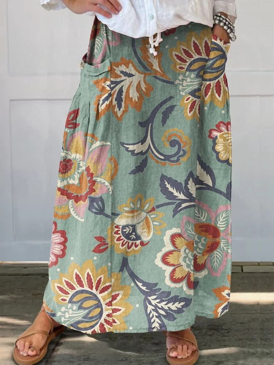 Women’s Floral Maxi Skirt with Elastic Waist and Pockets