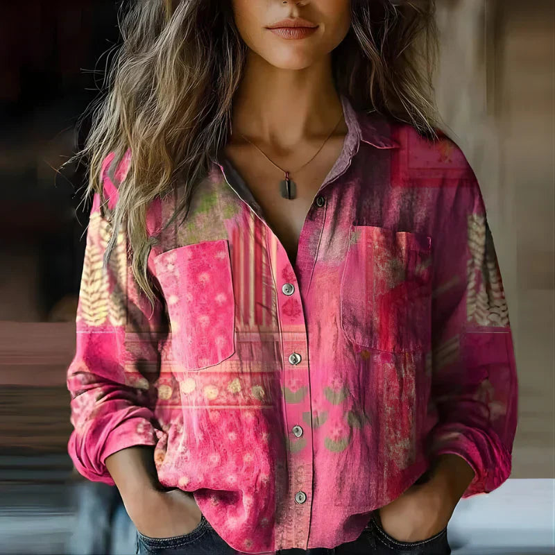Women's Vintage Print Button Up Blouse with Relaxed Fit