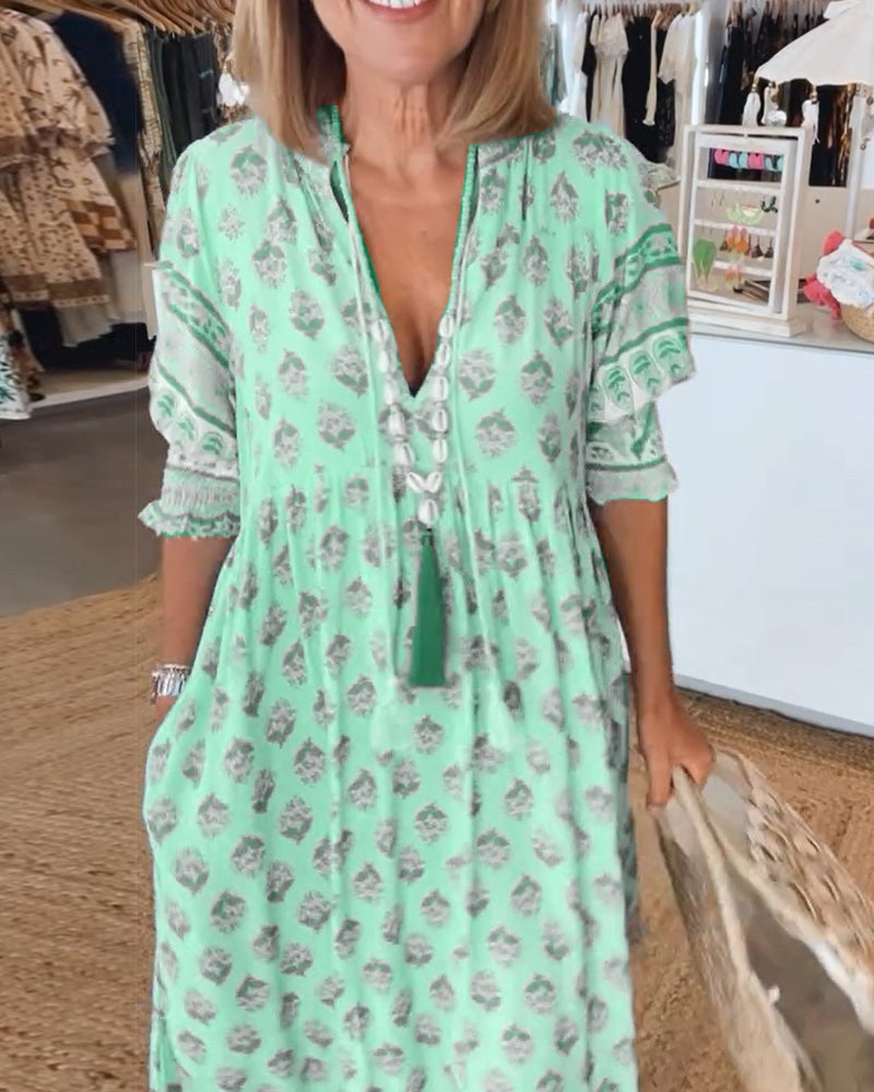 Women's Printed V-Neck Midi Dress with Relaxed Fit