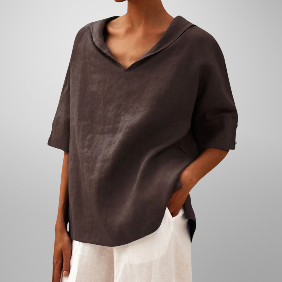 Women's Relaxed Fit Blouse with V-Neck and Short Sleeves