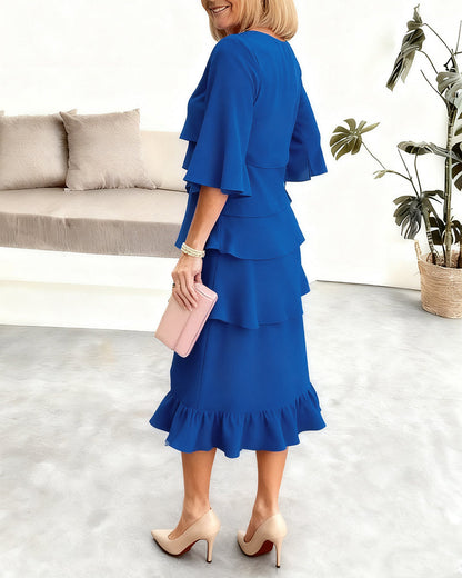 Women's Elegant Midi Dress with Ruffle Layers and Split Sleeves