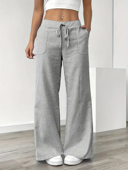 Women’s Wide Leg Striped Pants with Elastic Waist and Drawstring