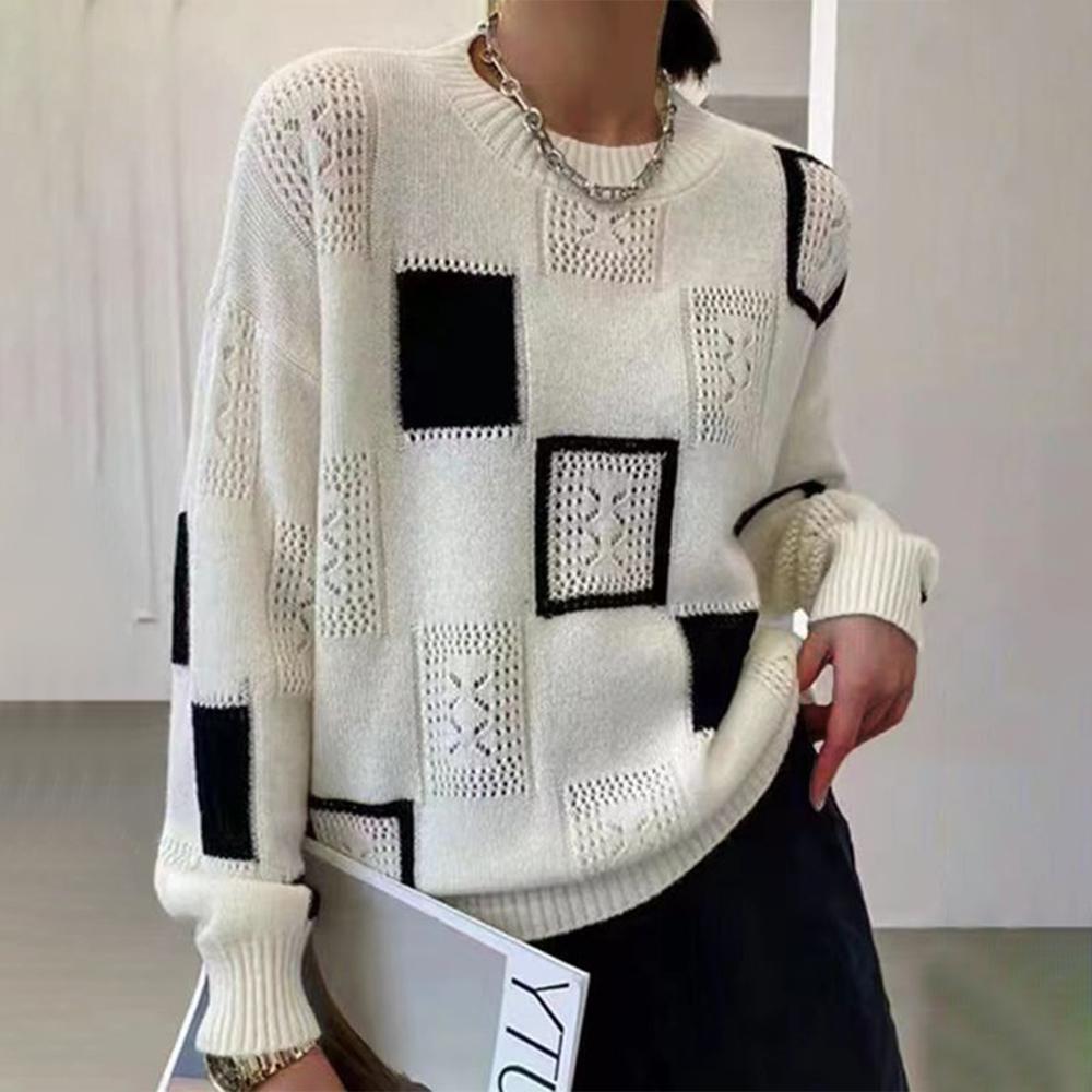 Moderner Strickpullover Mit Blockmuster Für Damen