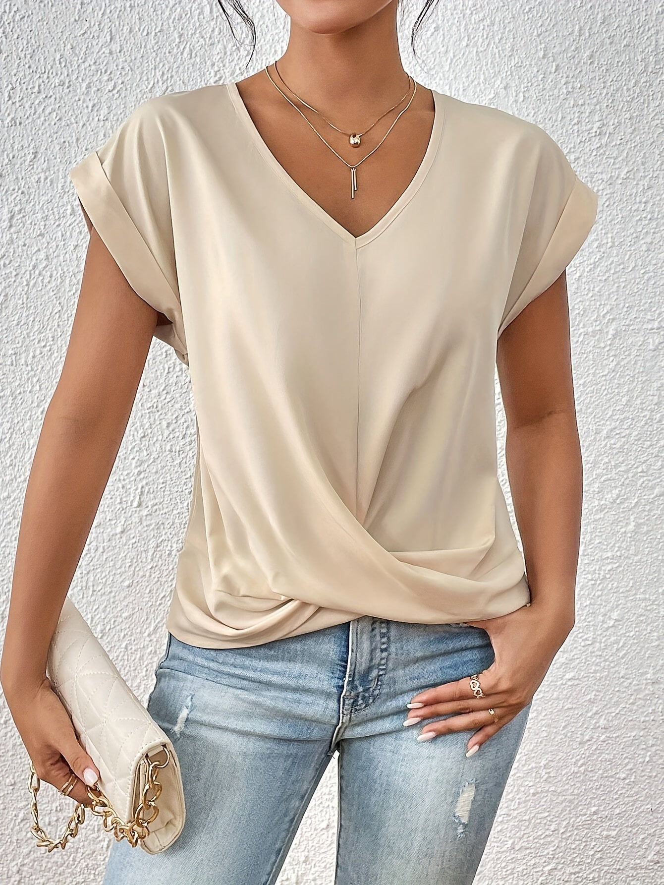 Women's V-Neck Twist Front Summer Top  Relaxed Fit Cap Sleeve Casual Blouse