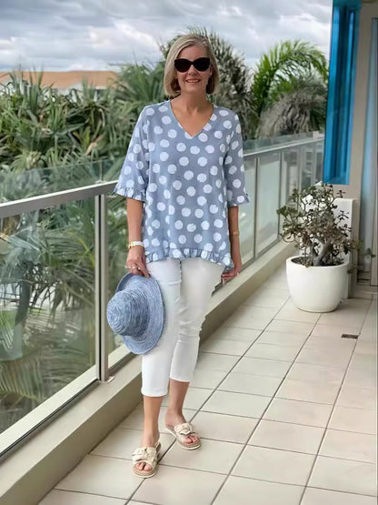 Women's Polka Dot V-Neck Blouse Relaxed Fit Lightweight Casual Summer Top