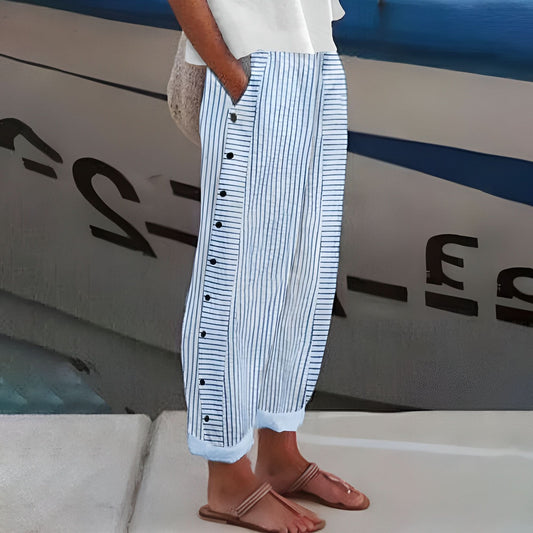 Women’s Striped Linen Pants with Elastic Waist and Button Detail