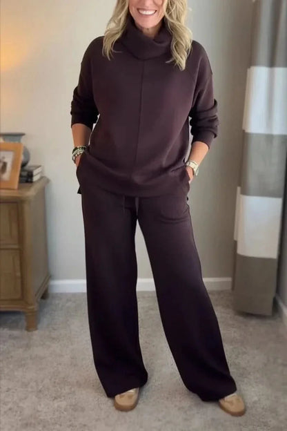 Women's Turtleneck Loungewear Set with Wide Leg Pants Cozy Two Piece