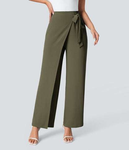 Women’s High Waist Wrap Pants with Wide Leg and Side Slit
