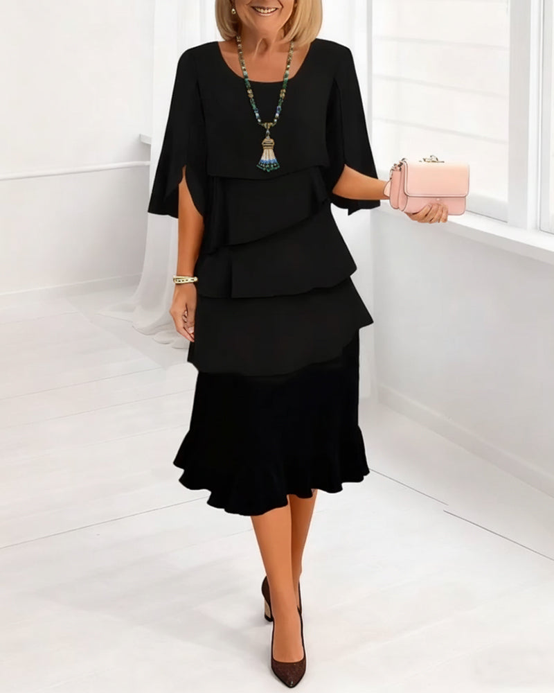 Women's Elegant Midi Dress with Ruffle Layers and Split Sleeves
