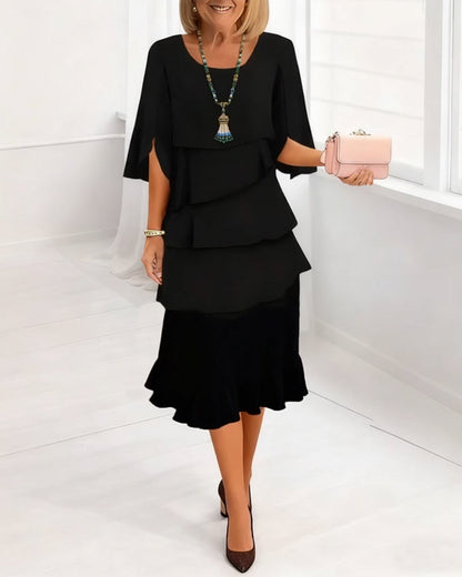 Women's Elegant Midi Dress with Ruffle Layers and Split Sleeves