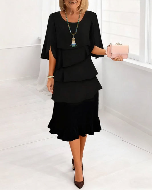 Women's Elegant Midi Dress with Ruffle Layers and Split Sleeves