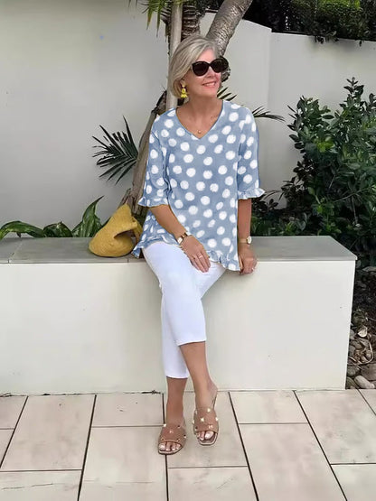Women's Polka Dot V-Neck Blouse Relaxed Fit Lightweight Casual Summer Top