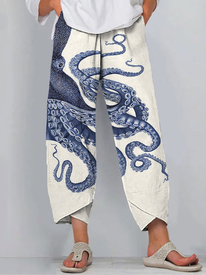 Women's Octopus Ink Print Wide Leg Pants – Relaxed Fit Lightweight Casual Statement Trousers