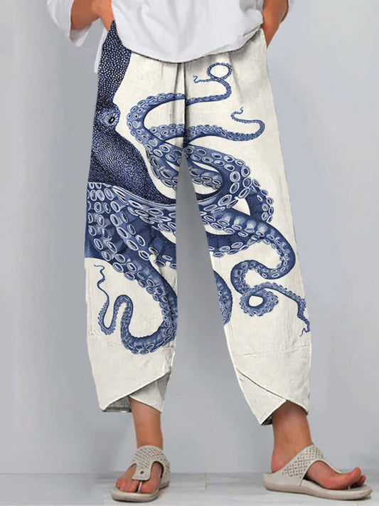 Women's Octopus Ink Print Wide Leg Pants – Relaxed Fit Lightweight Casual Statement Trousers