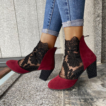 Women's Lace Panel Block Heel Ankle Orthopedic Boots