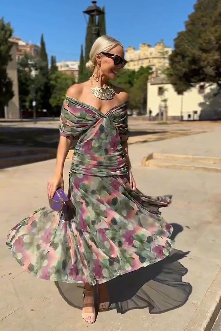 Women's Elegant V-Neck Maxi Dress with Pleated Waist