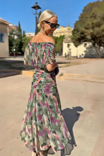 Women's Elegant V-Neck Maxi Dress with Pleated Waist