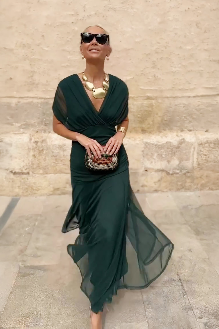 Women's Elegant V-Neck Maxi Dress with Pleated Waist