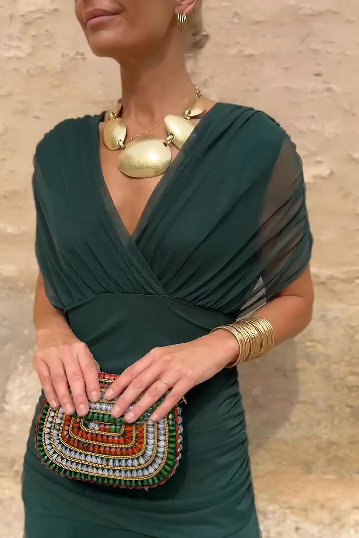 Women's Elegant V-Neck Maxi Dress with Pleated Waist