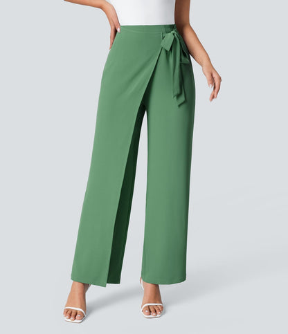 Women’s High Waist Wrap Pants with Wide Leg and Side Slit