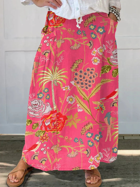 Women’s Floral Maxi Skirt with Elastic Waist and Pockets