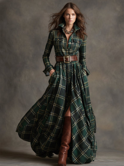 Women’s Plaid Maxi Dress with Button Front and Belted Waist