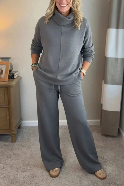 Women's Turtleneck Loungewear Set with Wide Leg Pants Cozy Two Piece