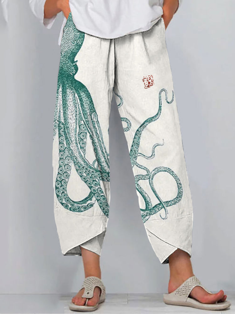 Women's Octopus Print Wide Leg Pants – Relaxed Fit Lightweight Casual Statement Trousers