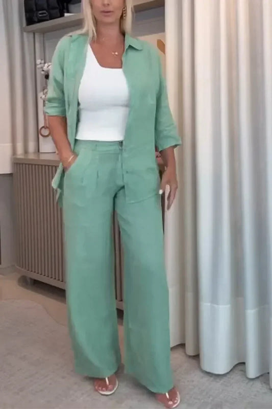 Women's Two Piece Linen Set with Button Shirt and Wide Leg Pants