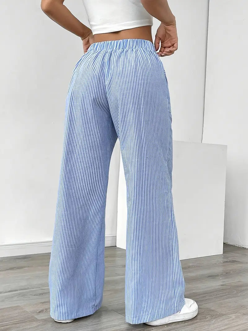 Women’s Wide Leg Striped Pants with Elastic Waist and Drawstring