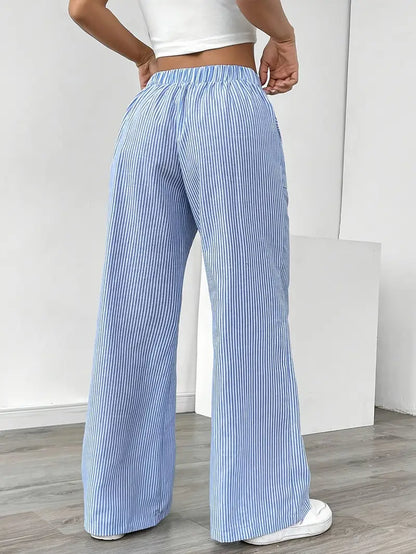 Women’s Wide Leg Striped Pants with Elastic Waist and Drawstring